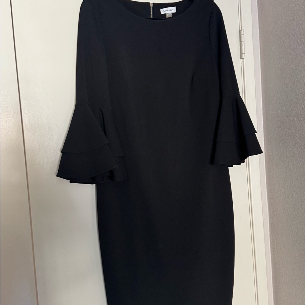 Calvin Klein Black Cocktail Dress with Bell Sleeves and Bateau Neckline